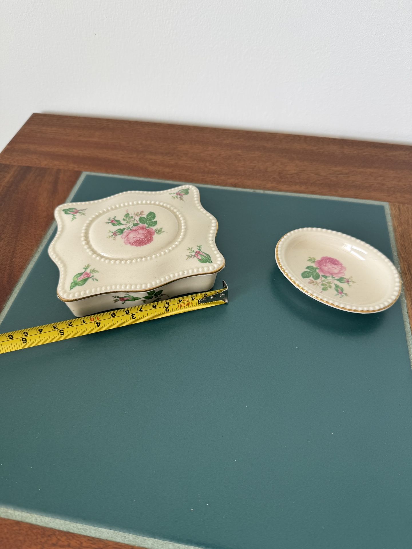 Vintage Pink Rose Trinket Box And A Plate fine china gold Trim