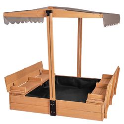 Wooden Kids Sandbox with Lid & Canopy, Outdoor Sand Pit with Cover & Adjustable Roof