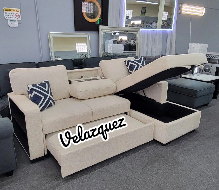 ✅️✅️2 pc Beige boucle fabric sectional sofa with pop up sleep area and storage chaise drop down tray table wireless charging✅️