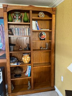Large Oak Wood Bookcase with Carved Details