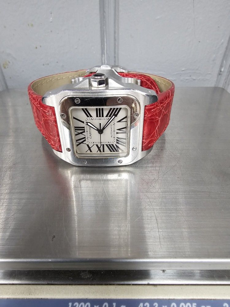 Cartier Santos 100 Midsize Red Leather Strap Watch 