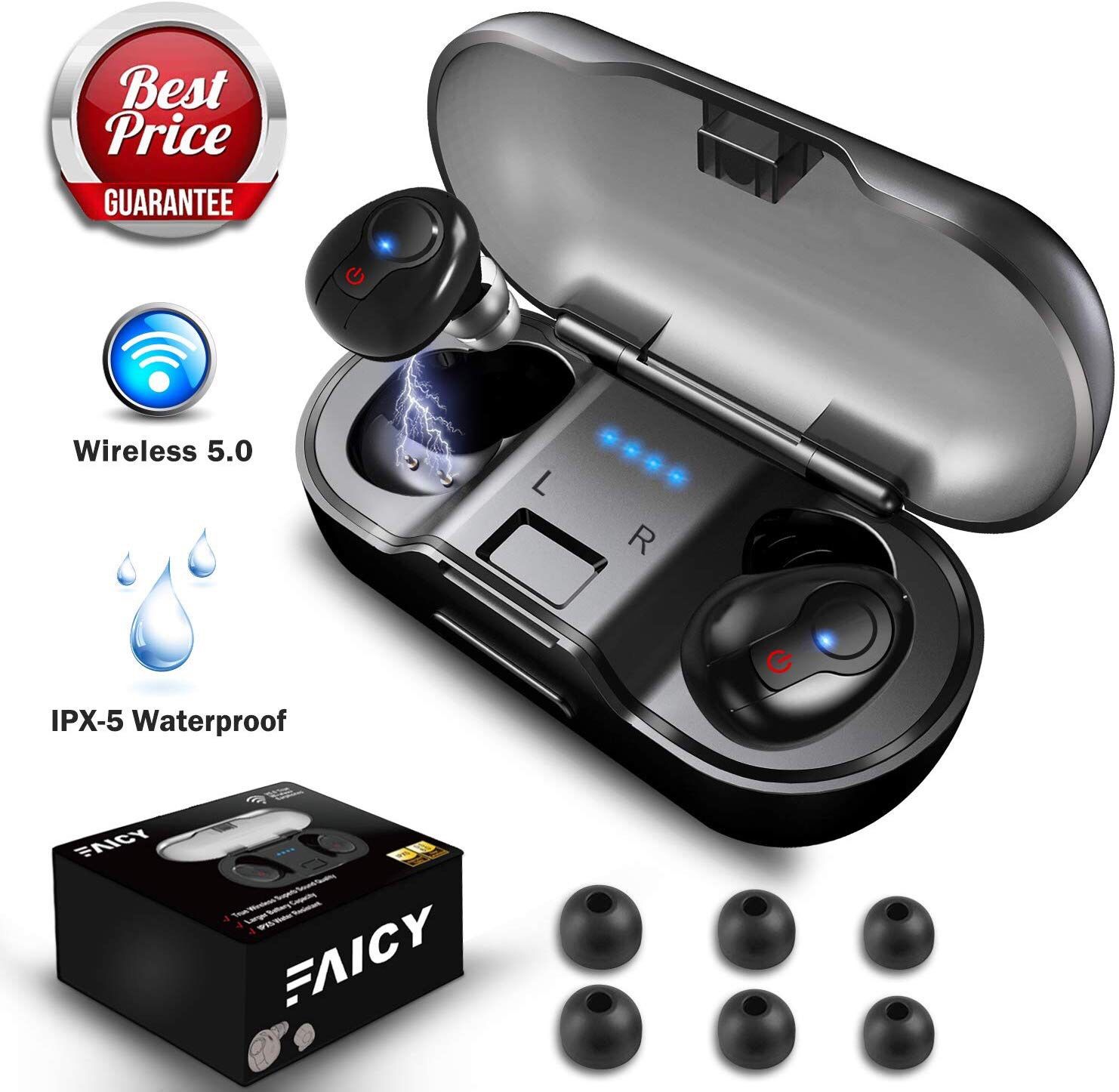 Wireless Earbuds, Faicy True Wireless 5.0 Deep Bass Mini in-Ear Headset HD Stereo IPX5 Headphones with Built-in Mic, 24Hr Play Time with 480mAH Batte