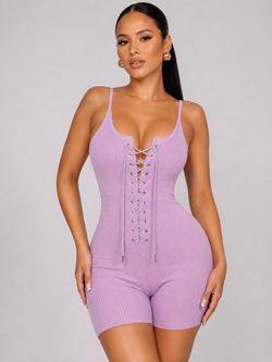 Lavender Ribbed Lace-Up Romper(medium)