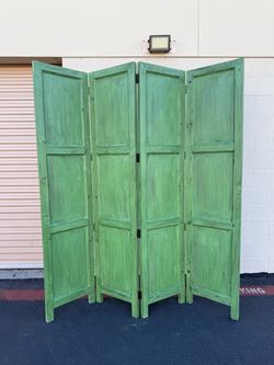 Vintage Solid Pine 4-Panel Room Divider | Folding Privacy Screen | Green