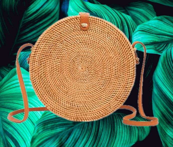 Round Crossbody purse made in Bali Round Rattan Fabric Natural Wicker Boho
