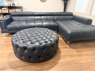 Black Leather Sectional Sofa & Tufted Ottoman