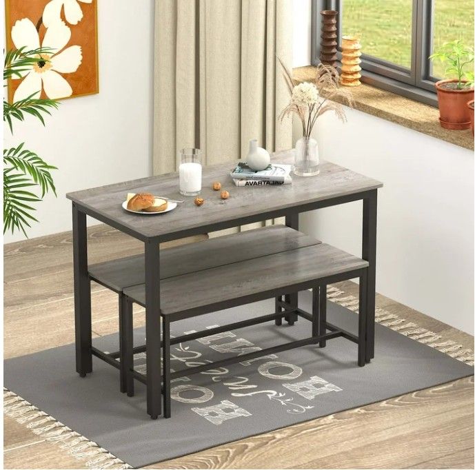 Dining Table Set for 4, Rectangular Kitchen Table Set w/ 2 Benches for Small Space,Gray