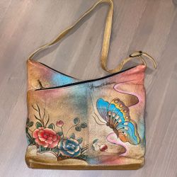 Anuschka Handpainted Leather Hobo / Shoulder Bag w/ Butterfly Design