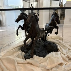 Charging Running Bronze Horses Statue. Used As A Round Glass Top Coffee Table. But Bronze Was $2,500 Years Ago.  Gorgeous Details!