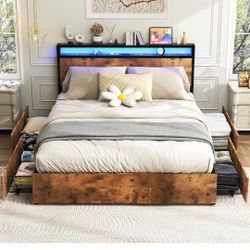 Kiivakii Full Size Bed Frame with Headboard, LED Platform Bed Frames with 4 Storage Drawers, Built in Charging Station, Noise Free, Stable and Solid, 