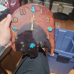 Antique Live Edge Wood Slab Turquoise Stone Handmade Wall Clock 1981 - Works!