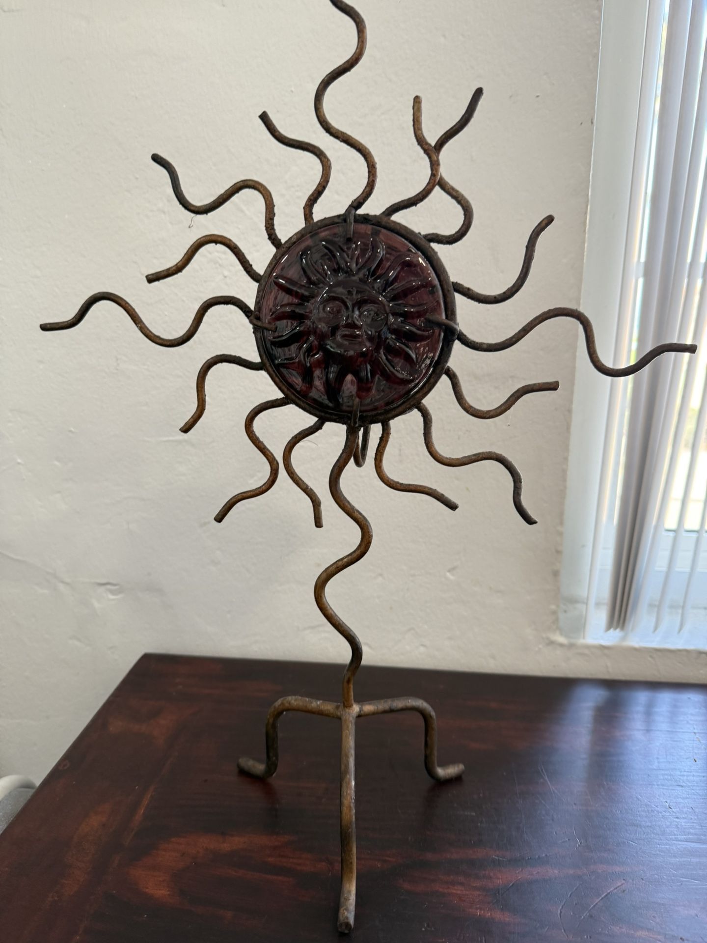 Vintage Wrought Iron Celestial Glass Sun Standing Face Candleholder - 20” tall Purple 