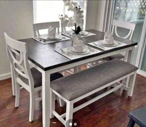 ✅️✅️(6 pc white & grey finish wood dining table set grey padded seat chairs and bench✅️