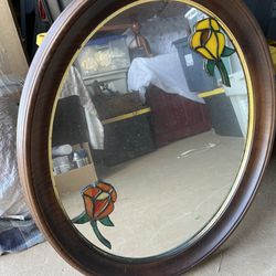 Antique Wooden And Stained Glass Mirror