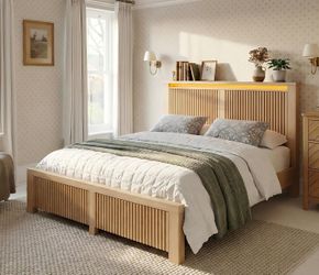 Full Bed Frame with 2 Drawers and Storage Headboard,Noise-Free,Wood Wooden,LED Lights,Charging Station,Noise-Free,800 lbs Support,No Box Spring Needed