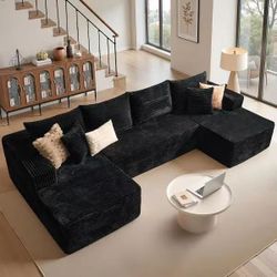 Minty 131 in. Wide Arm 3-Piece Modern Plush Corduroy U-Shape Modular Sectional Sofa in Black with Chaise