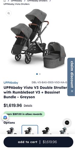 Uppababy Vista V3 Double Stroller with RumbleSeat V3 + Bassinet Bundle - Greyson