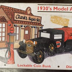 1/25 SCALE 1930'S Ford Model A Tanker CLARK GAS Lockable Bank With Key Box Metal Die Cast Toy Car Red/Black  Collectible 