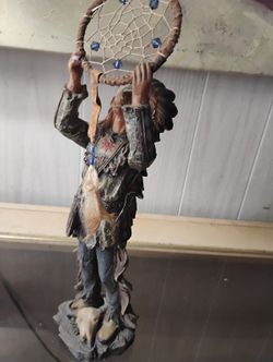 Vintage Native American Chief Resin Statue with Dreamcatcher & Skull Base