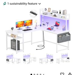 L Shaped Desk with Power Outlet & LED Strip, Gamer Desk