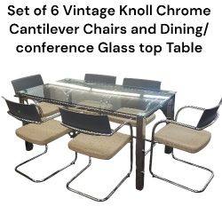 Set of 6 Vintage Knoll Chrome Cantilever Chairs with Glass top chrome Dinning or conference Table 