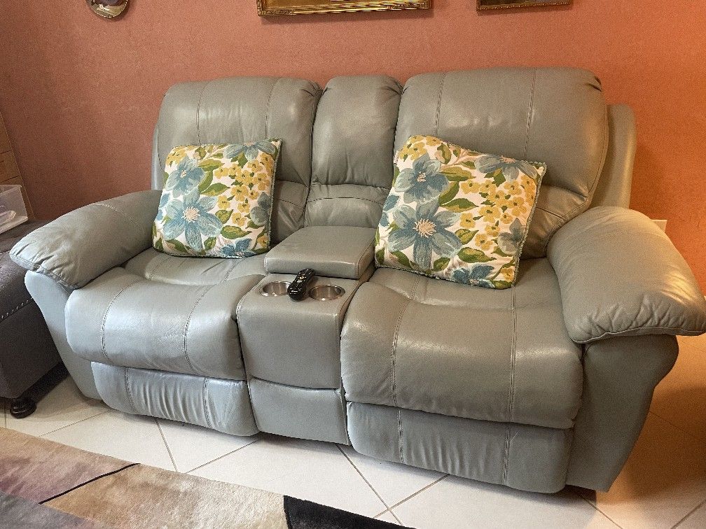 Dusty Blue Reclining Leather Couch (Electric)