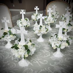 Floral Cross Centerpieces For Baptism, First Communion, Shower, Quinceanera, Wedding 