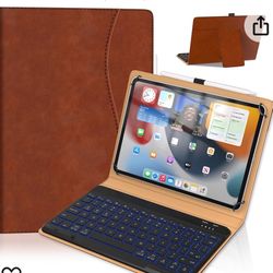 Leather Keyboard Case for 9.7",10.1",10.2",10.5",10.9",11" Tablets,7 Colors Backlit,Bluetooth Wireless Keyboard with Pocket Leather Folio Cover(Brown)