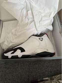 Nike Air Jordan 14 Retro "Black Toe" sneakers in white with black and red accents.
