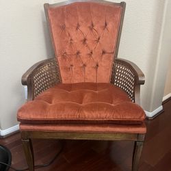 Vintage  Mid Century Tufted Orange Velvet Cane Parlor Chair