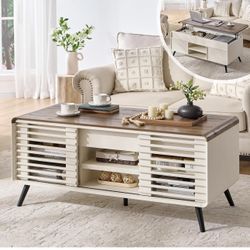 RedLemon 48 Lift Top Coffee Table with Slatted Sliding Door, Mid Century Modern Center Table with Hidden Storage Compartment,Lifting Tabletop & Adjust