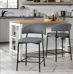 Modern 24 in Charcoal Low Back Metal Counter Stool Chenille Seat, Set of 2