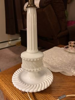 vintage white milk glass table lamp with a swirl or twist pattern, likely from the Mid-Century Modern era (around the 1960s)