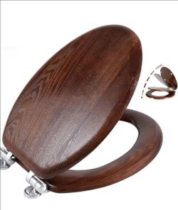 AngelShield Elongated Real Wood Toilet Seat Brown Soft Close 18.5 in w/ Hardware
