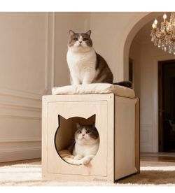 Wooden Aiwanture cat house, also a cozy bed for your furry friend. Has a cute cat head opening. Comes with 2 soft cushions, one for inside and one for