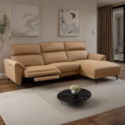 Brand New Light Brown Top Grain Leather Power Reclining Sectional Sofa