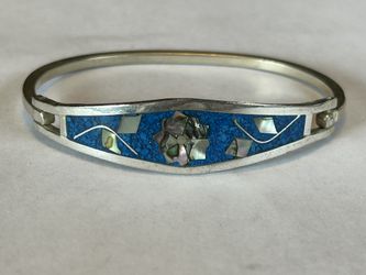 Vintage Sterling Silver Mother Of Pearl/Abalone Inlay Hinged Bracelet Size 7.5”