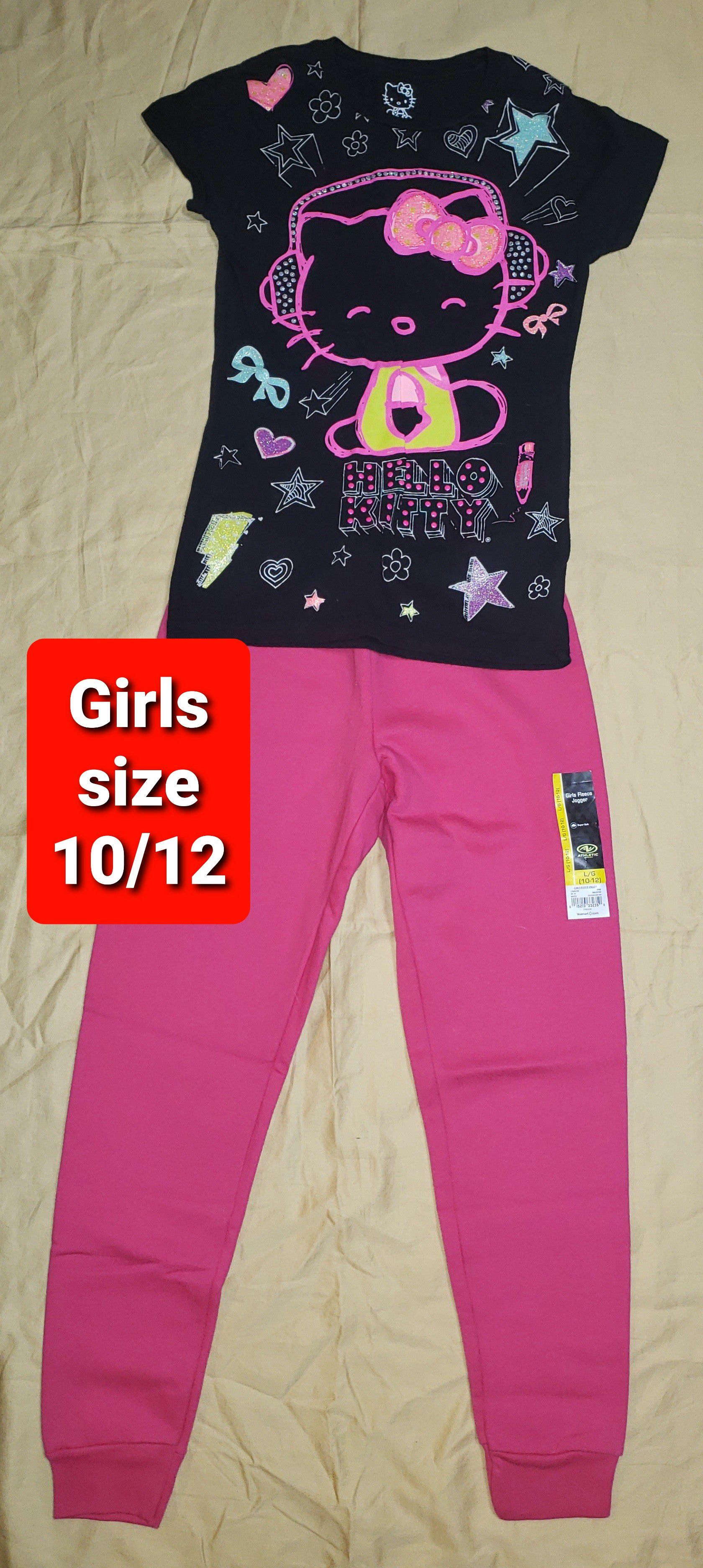 Girls size 10 / 12 Clothes Black Hello Kitty Shirt with Pink Sweatpants (#477)