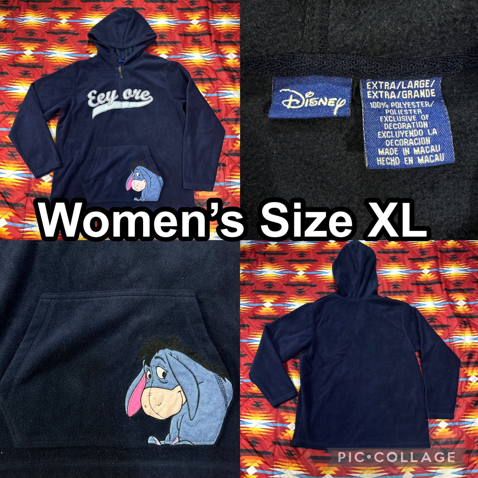 Vintage Disney Eeyore Navy Blue Fleece Sweater Women’s XL Hoodie Quarter Zip