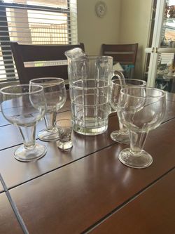 Vintage Anchor Hocking Tartan Clean Glass Pitcher and Stemware Set, Thick Wide Stem MCM Barware