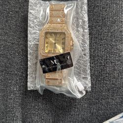 Mens Gold Medal Band Watch W/ 1,400 Hand Places Sparking Stones 54MM Case Size ; 225MM Band Width