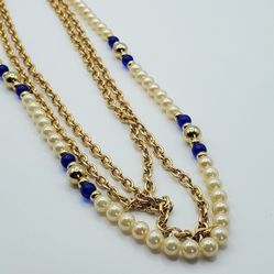 Cobalt Blue and Cream Beaded Necklace Multi Strand Womens Jewelry Elegant
