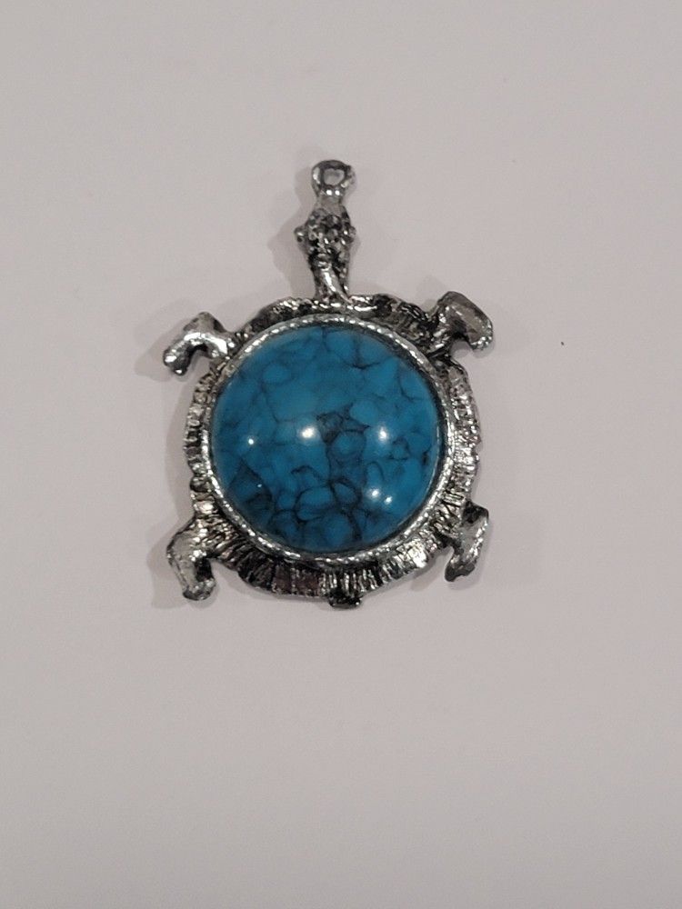 Vintage Large Turquoise Turtle Pendant ~ Southwestern, Silver Tone
