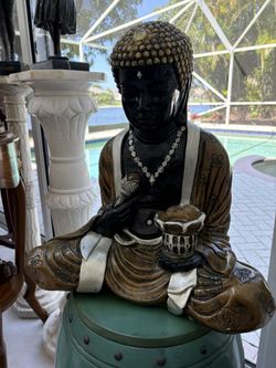 19” Tall X 17” Wide Gold & Espresso Vintage Antique Plaster Zen Meditating Buddha Statue. Garden Stool Table Not Included.  