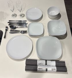 Complete IKEA Dining Set for 2 – Plates, Bowls, Cutlery, Wine Glasses + New Placemats