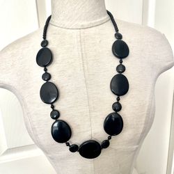 Long Black Beaded Statement Necklace 