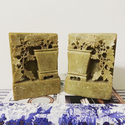 Vintage Chinese Carved Soapstone Floral Garden Bookends – Pair