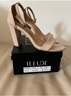 Illude Ruby Nude Patent Block Heel Sandals Ankle Strap Size 8
