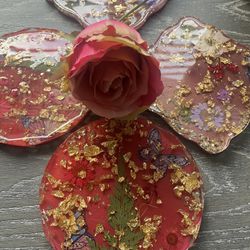 Coasters Resin , Dried Flowers, Gold Flakes 