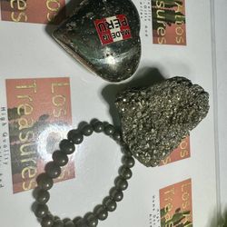 3 piece pyrite set Heart Bracelet raw stone crystal silver healing high quality
